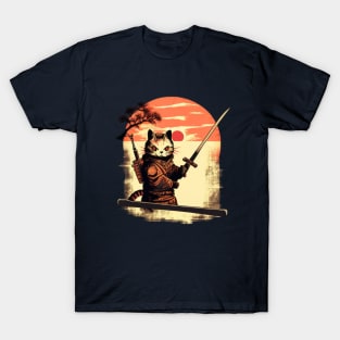 Ninja Cat Japanese Vintage Sunset Sword T-Shirt